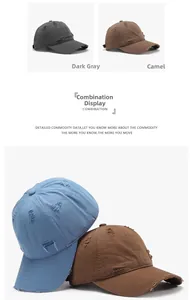 Close-up of distressed baseball cap details with vintage ripped holes and frayed edges
