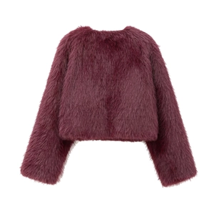 Macro detail of the back of this cropped faux fur jacket in deep purple wine shade