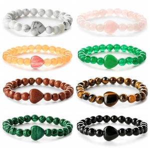 Natural Stone Beaded Bracelet With Heart Shaped Centerpiece Bead Elastic Stretch Fashion Jewelry For Men Women