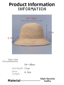 Detail view of raffia sun hat showing 11cm crown depth and 6.5cm brim dimensions