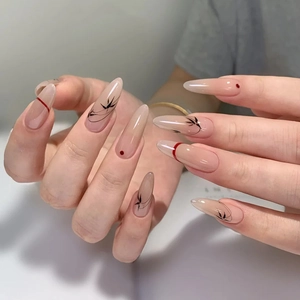 Press On Nails Long Almond Chinese Style Bamboo Pattern Nude Pink French Minimalist Manicure For Women