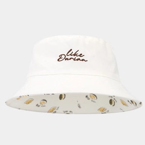Close-up of cream cotton bucket hat with like Durian embroidery and inner fruit pattern