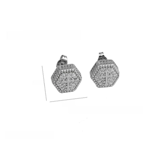 Detail showing hexagonal stud earrings with cross motif and zircon inlay, 12.8mm size