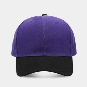 Detailed front view of a two-tone baseball cap featuring a purple crown and black visor