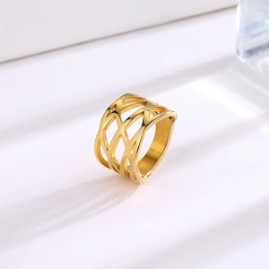 Fashion Wide Band Wire Wrapped Hollow Ring For Women Titanium Steel Gold Color Geometric Minimalist Finger Ring Jewelry