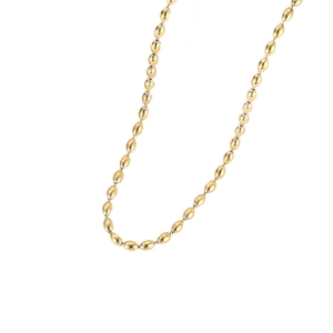 Minimalist gold oval beaded tassel necklace with metallic luster on white background