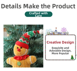 Macro detail of gingerbread plush ornament with corduroy texture and striped Christmas hat