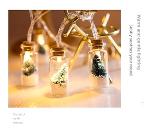 Close-up of LED Christmas wishing bottles with miniature trees and warm glowing lights