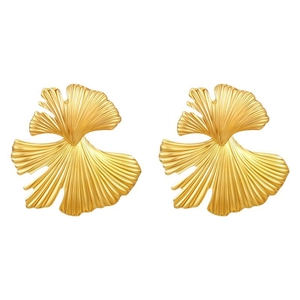 Luxurious 18K gold-plated stainless steel earrings with ginkgo leaf design and texture
