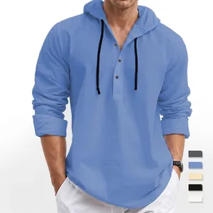 Men's light blue henley hoodie in breathable twill cotton with three-button placket