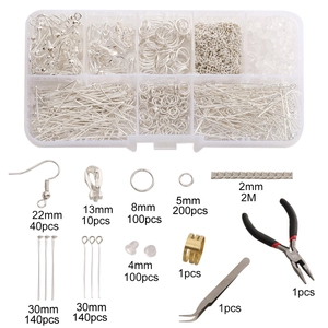 DIY jewelry making kit with silver metal findings, pliers, and beads in a storage box