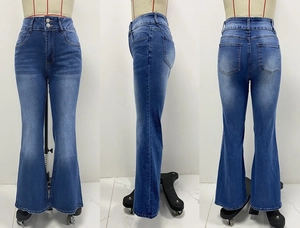 Close-up of vintage blue flared jeans with double-button high waist and slim fit design