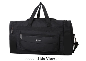 Detail of waterproof nylon travel bag featuring reinforced handles and side compartments