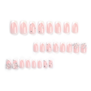 24-piece French tip press-on nails with 3D silver butterflies and sparkling rhinestones