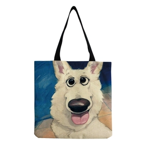 Detailed close-up of beige canvas bag with cartoon dog print and black straps