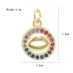 Detail of CZ micro-pave gold lips charm with colorful gems including dimensions 1.8x1.2cm