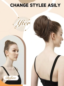 8-inch short wavy ponytail extension before and after comparison in brown color
