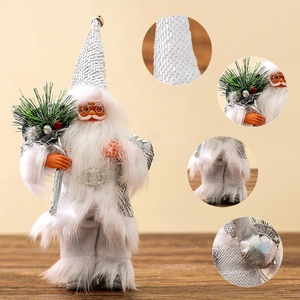 9-inch silver Christmas Santa Claus figurine with sequins and faux fur for festive decor