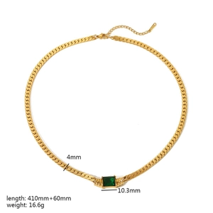 Detail showing 18K gold stainless steel chain necklace with emerald green zircon pendant