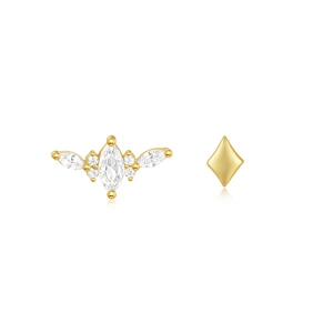 Dettaglio orecchini asimmetrici in argento S925 dorato con zircone marquise e rombo
