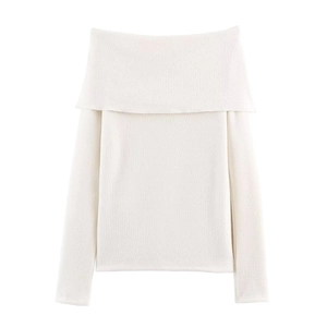 Elegant white off-shoulder knit top with folded collar design and long sleeves