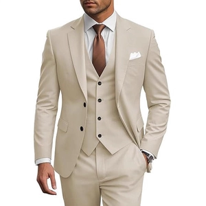 Men's slim fit 3-piece suit in beige featuring blazer, vest, and trousers for weddings
