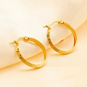 Minimalist 18K gold plated titanium steel hoop earrings with Greek key engraved pattern