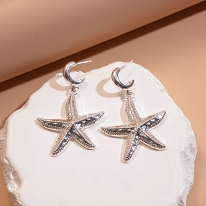 Detailed macro view of silver starfish earrings with bead-edge texture on a stone stand