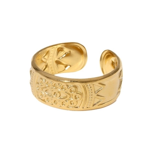 Adjustable 18K gold stainless steel open ring with Bohemian evil eye relief pattern