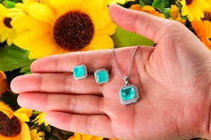 Square paraiba jewelry set with necklace and stud earrings in a silver-toned setting