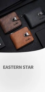 Three men's zip wallets in black and brown leather colors on a dark background
