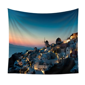 Detail of Santorini night landscape tapestry with blue church and warm lights
