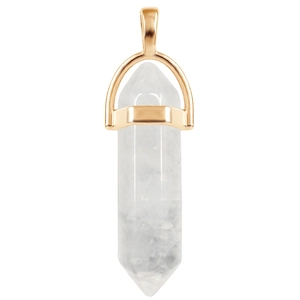 Macro shot of white hexagonal crystal pillar pendant with gold-plated metal cap and bail
