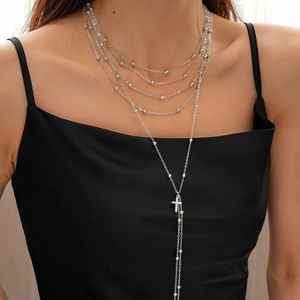 Layered Cross Pendant Necklace Copper Zircon Multi Level Beaded Chain Long Lariat Elegant Statement Jewelry Women