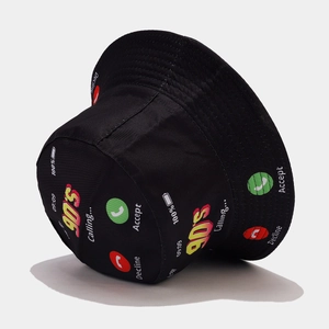 Black reversible cotton bucket hat featuring a creative 90s calling screen print design