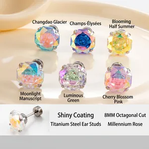 Octagon Millennium Rose Cut Zircon Ear Studs Titanium Steel Screw Back Piercing Jewelry For Women