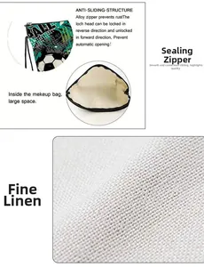 Detail of football makeup bag with linen texture and secure anti-slip metal zipper