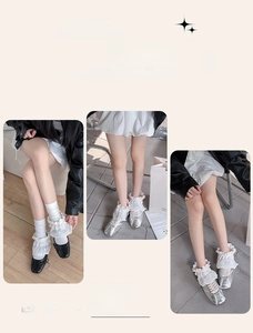 Detailed view of white ruffled lace leg warmers styled with black Mary Jane shoes