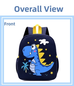 Vista frontal mochila de dinosaurio para niños con estampado de dibujos y asa amarilla