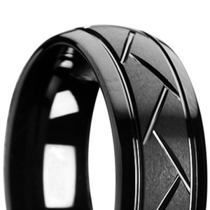 Men's wide black brushed metal ring with cross-cut grooved patterns and polished edges