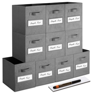 Grey foldable fabric storage bins with reinforced handles and clear label windows 9 pack