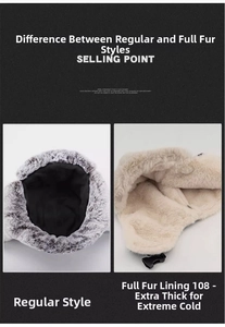 Comparison showing regular fabric lining versus extra thick faux fur lining in trapper hats
