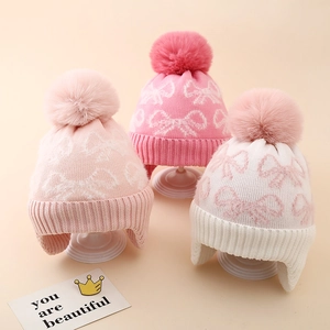 Girls Winter Knit Ear Protection Hat With Bow Jacquard Faux Fur Pom-Pom Fleece Lined Warm Beanie For Kids 3-8 Years