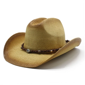 Western Cowboy Straw Hat Paper Braided Sun Protection Wide Brim With Evil Eye Bead Bohemian Retro For Men Women