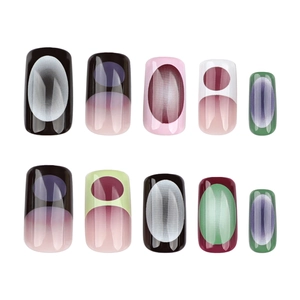 Set of 10 gradient geometric press-on nails with glossy finish in pink and black