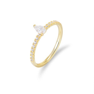 Luxury gold silver ring with pear-cut cubic zirconia and pavé band on white background