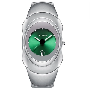 Y2K style irregular quartz watch with silver metallic case and green radial dial
