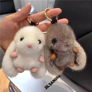 Cute faux mink fur bunny plush keychains in white and grey colors with gold rings