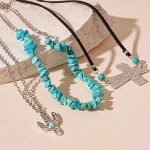 Bohemian 3-piece necklace set with cactus charm, turquoise gravel beads and cross pendant