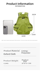 Detailed size chart for the green Oxford fabric backpack showing 35x24x14cm dimensions
